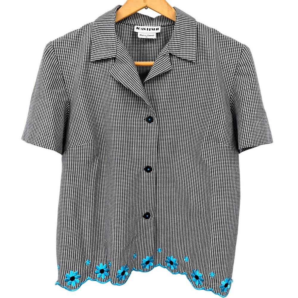 90s Gingham Button Down Short Sleeve Shirt Embroidered Collared Women's Medium